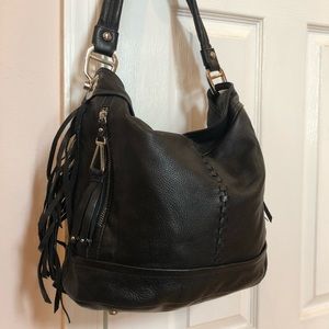 Black fringe pebbled leather hobo shoulder bag